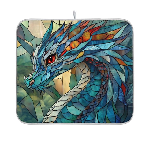 Dish Drying Mat Microfiber Kitchen Pad Large Counter Absorbent Dish Mats Drainer Rack 16"x18" Stained Glass Dragon