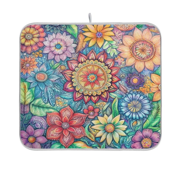 Dish Drying Mat Microfiber Kitchen Pad Large Counter Absorbent Dish Mats Drainer Rack 16"x18" Vibrant and Colorful Flower