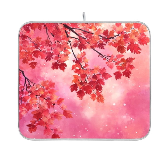 Dish Drying Mat Microfiber Kitchen Pad Large Counter Absorbent Dish Mats Drainer Rack 16"x18" Watercolor Red Maple Leaves