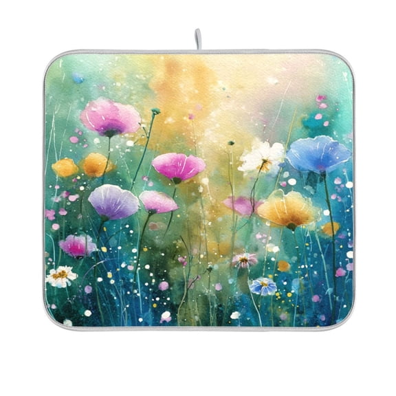 Dish Drying Mat Microfiber Kitchen Pad Large Counter Absorbent Dish Mats Drainer Rack 16"x18" Watercolor Wildflowers