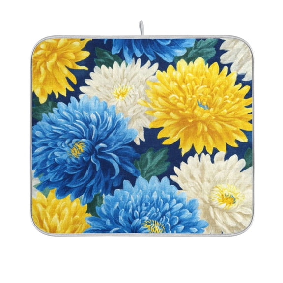 Dish Drying Mat Microfiber Kitchen Pad Large Counter Absorbent Dish Mats Drainer Rack 16"x18" Yellow and White Chrysanthemum