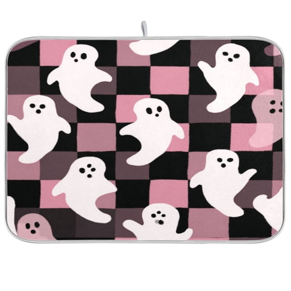 Dish Drying Mat Microfiber Kitchen Pad Large Counter Absorbent Dish Mats Drainer Rack 18"x24" Pink and Black Cartoon Ghosts