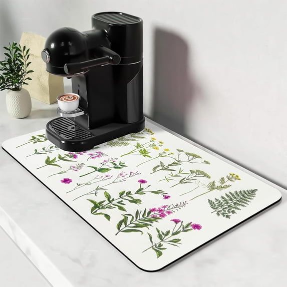 Dish Drying Mat, Multiple Usage Coffee Bar Mat, Kitchen Counter Mat, Absorbent Hide Stain Rubber Backed Dish Drying Pad(16.1"x24.1", 2-Row Flower)