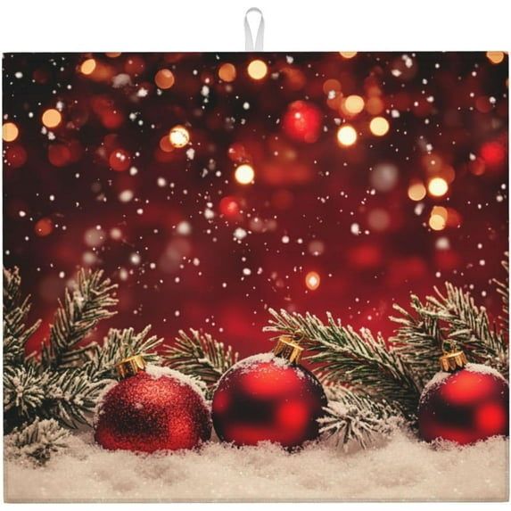 Dish Drying Mat Red Christmas Ball Glitter Absorbent Microfiber Non Slip Quick Dry Heat Resistant Holiday Decorative Kitchen Counter Mat for Plates Cups Glasses 16x18 Inch