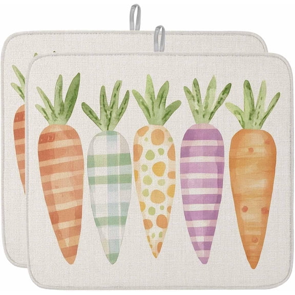 Dish Drying Mat Set of 2 Easter Vegetable Microfiber Absorbent Reusable Washable Dish Drying Rack Mat Cartoon Carrot Coffee Mat for Coffee Maker Bar Kitchen Countertops 16x18inch