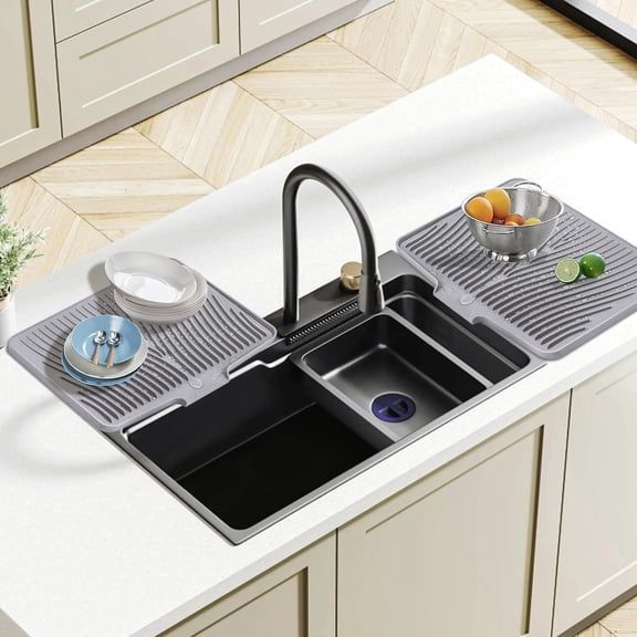 Dish Drying Mat, Stone Drying Mat for Kitchen Counter with Built-in Drain, Non-Slip Drying Matt Kitchen Counter, Heat Resistant Silicone Drying Mat, Dish Drying Pad, 2 Pcs(Grey 19.7" x 17")