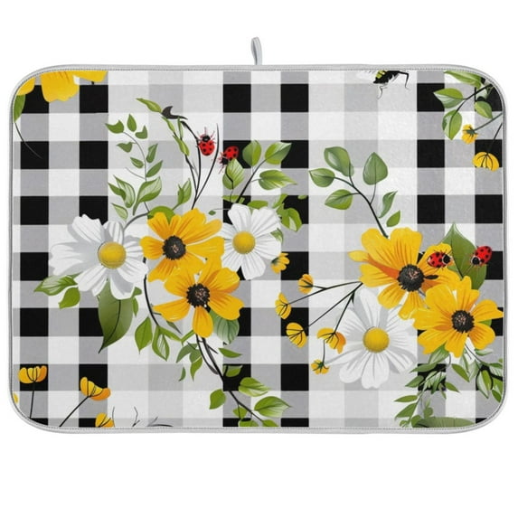Dish Drying Mat Sunflowers and Lattice Kitchen Mats Microfiber Counter Absorbent Dish Pad Drainer Rack 18"x24"