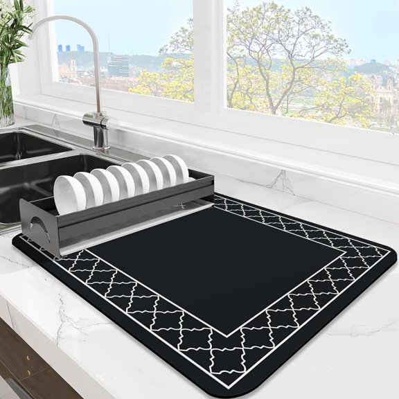 Dish Drying Mat Super Absorbent Drying Mat Coffee Mat with Non-slip Rubber Backed Large Dish Drying Mats for Kitchen Counter Easy Clean, Black 15"x19"