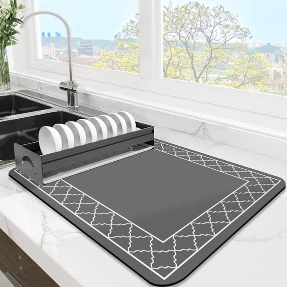 Dish Drying Mat Super Absorbent Drying Mat Coffee Mat with Non-slip Rubber Backed Large Dish Drying Mats for Kitchen Counter Easy Clean, Grey 15"x19"