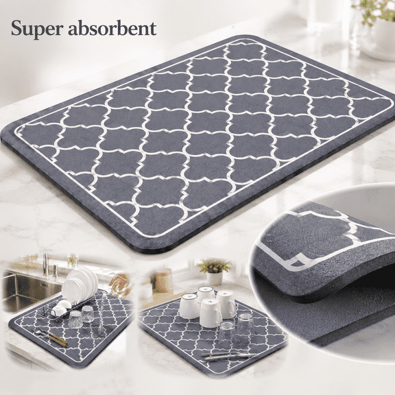 USTOP Dish Drying Mat for Kitchen Counter, 15"x 18" Stylish Grey Drying Mat for Dishes ,Easy Clean Dish Mat Kitchen Drying Mat