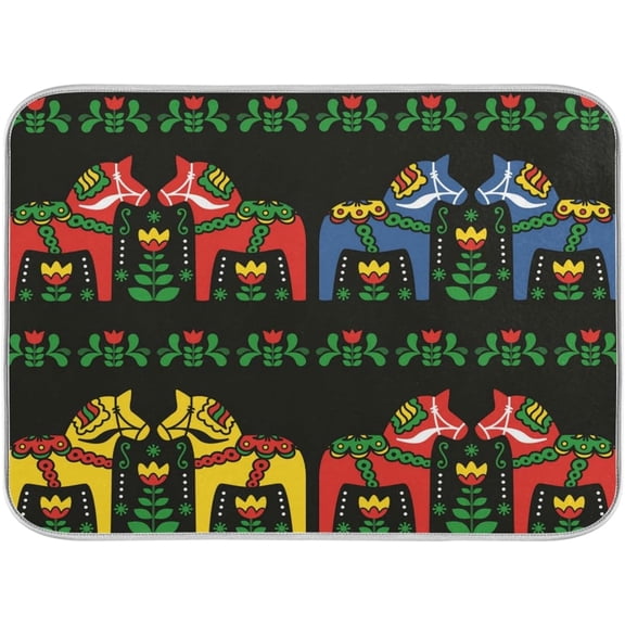 Dish Drying Mat Swedish Dala Horse Folk, Absorbent Reversible Drying Mat Dishes Pad Dish Mats for Drying for Kitchen Counter Decor 16x18 Inch