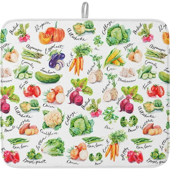 Dish Drying Mat Vegetables Drying Mat for Kitchen Counter Carrot Pepper Onion Garlic Food Dish Pads Absorbent Microfiber Machine Washable 16"x18"