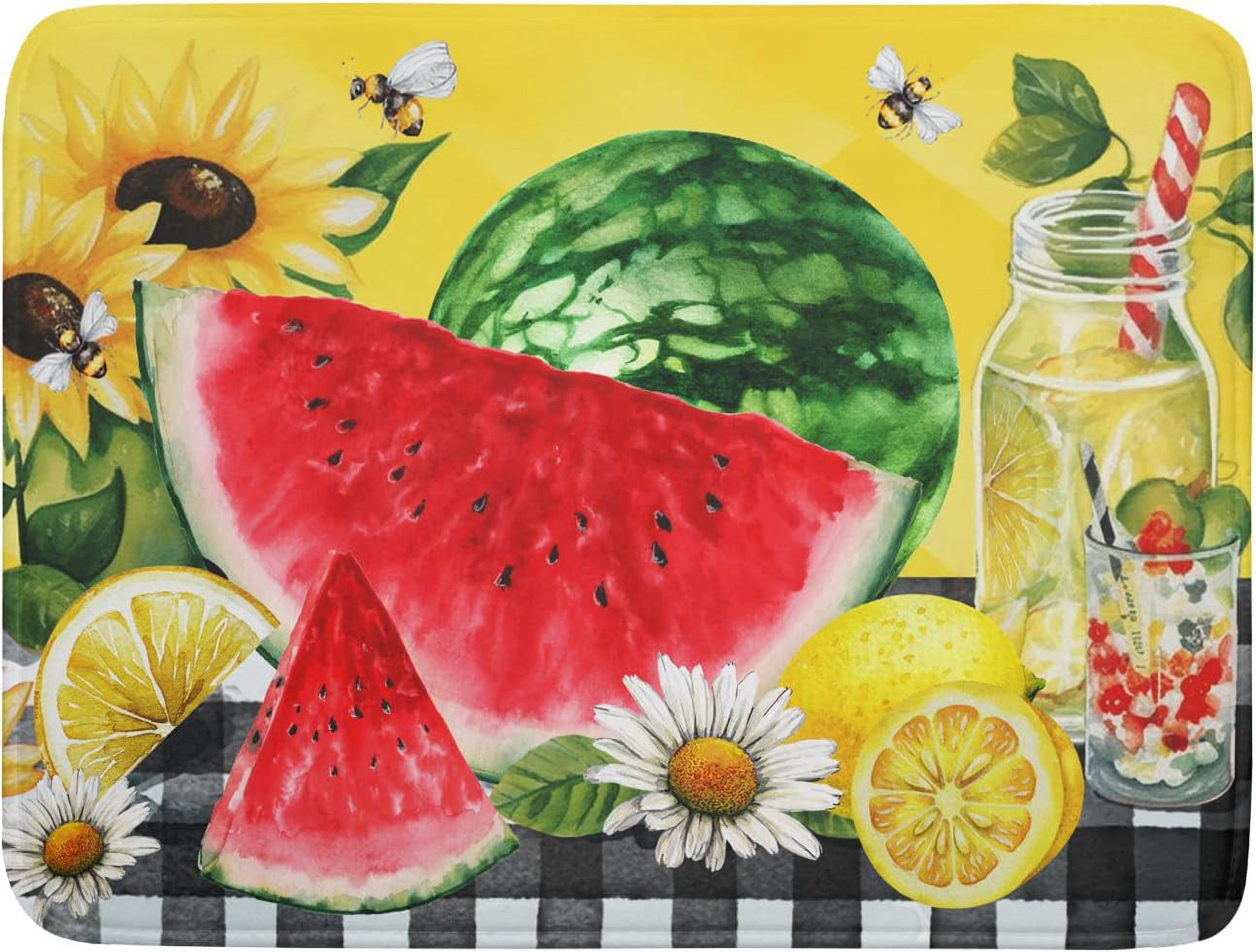 Dish Drying Mat Watermelon Summer Fruit Bee Flower Check Yellow ...
