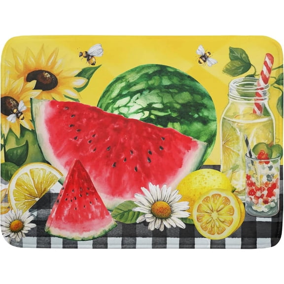 Dish Drying Mat Watermelon Summer Fruit Bee Flower Check Yellow Absorbent Dishes Pad Drainer Rack Mats Heat Resistant Kitchen Counter Protector Plate Bottle Pot Holder 18x24 Inch