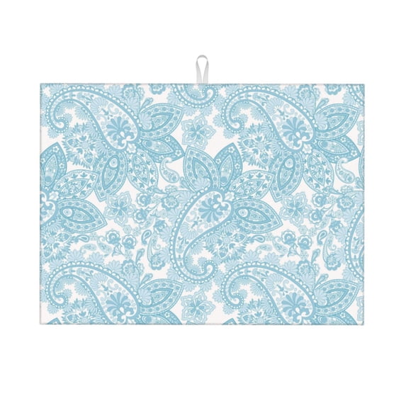 Dish Drying Mat, White Light Blue Paisley Absorbent Microfiber Kitchen Mat, Heat Resistant Drying Mat Kitchen Counter for Dishes, Utensils, Pots, Pans, Drainer Mats 18x24in