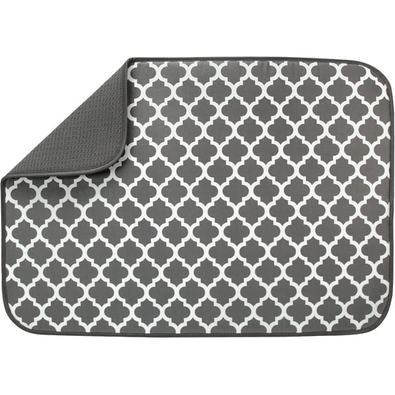 Dish Drying Mat XL, 18” x 24”, Absorbent Microfiber Kitchen Counter Mat, Dish Drying Pad for Dishes, Utensils, Pots and Pans, Extra Large, Pewter Grey Trellis