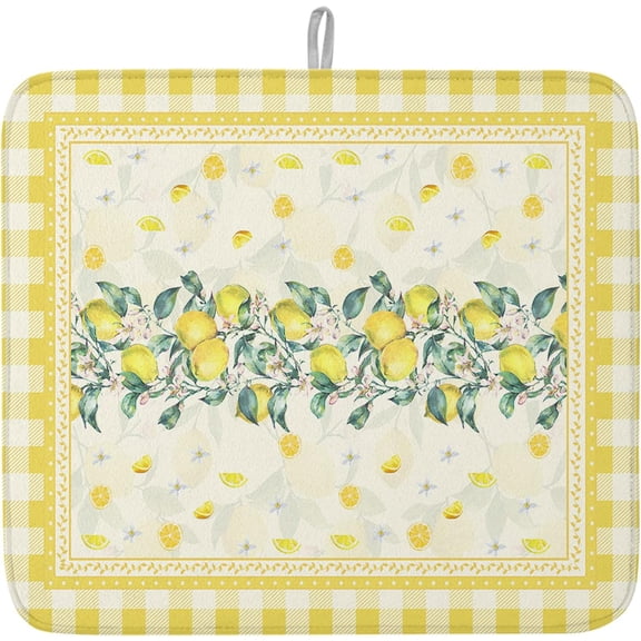 Dish Drying Mat Yellow Lemon Drying Mat for Kitchen Counter Summer Floral Lemon Check Plaid Dish Pads Absorbent Microfiber Machine Washable 16"x18"