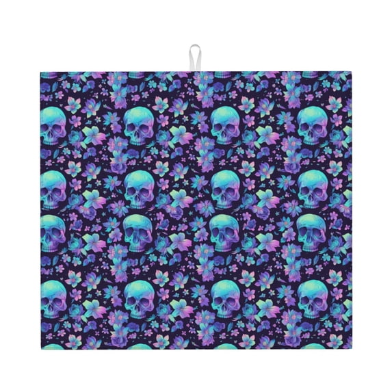 Dish Drying Mat, blue flower Skull pink Highly Absorbent Drying Matt Kitchen Counter, Dish Mat Drying Pad Dishes Drainer Mats for Kitchen Counter or Sink, 16 x 18 inch