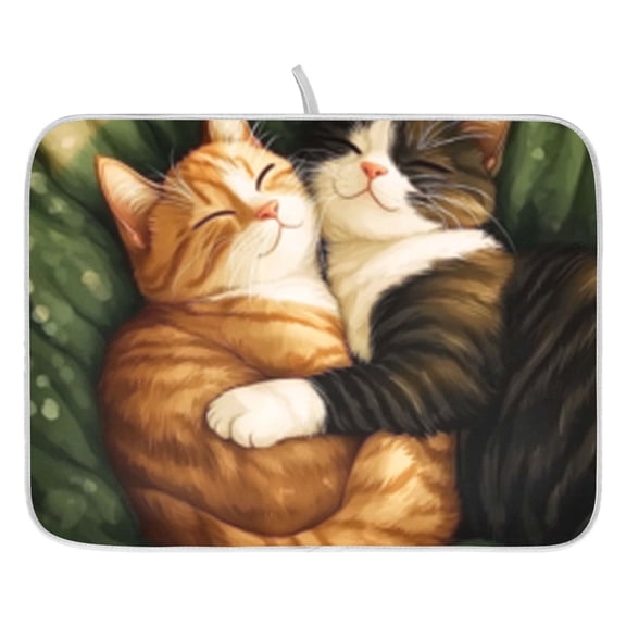 Dish Drying Mat for Kitchen Counter 16x18/18x24 Adorable Cuddling Cats Absorbent Coffee Bar Mat Dish Drainer Rack Mat for Kitchen Counter