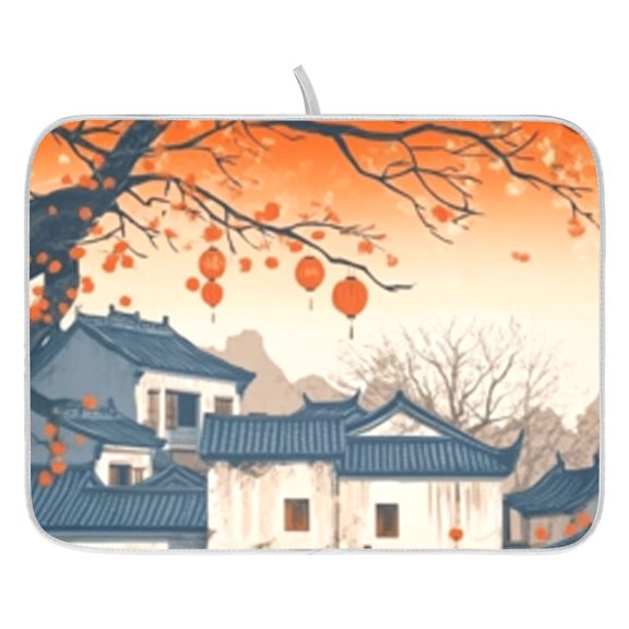 Dish Drying Mat for Kitchen Counter 16x18/18x24 Cartoon Chinese Architecture Absorbent Coffee Bar Mat Dish Drainer Rack Mat for Kitchen Counter