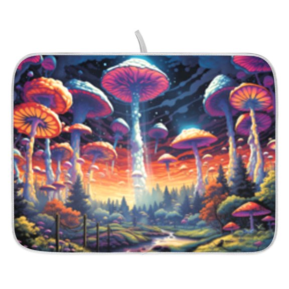 Dish Drying Mat for Kitchen Counter 16x18/18x24 Magic Mushrooms Absorbent Coffee Bar Mat Dish Drainer Rack Mat for Kitchen Counter