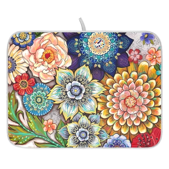 Dish Drying Mat for Kitchen Counter 16x18/18x24 Mandala Floral Absorbent Coffee Bar Mat Dish Drainer Rack Mat for Kitchen Counter