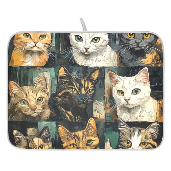 Dish Drying Mat for Kitchen Counter 16x18/18x24 Nine-square Grid Cat Absorbent Coffee Bar Mat Dish Drainer Rack Mat for Kitchen Counter