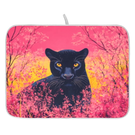 Dish Drying Mat for Kitchen Counter 16x18/18x24 Panther in The Pink Woods Absorbent Coffee Bar Mat Dish Drainer Rack Mat for Kitchen Counter