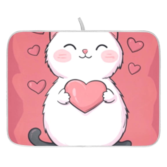Dish Drying Mat for Kitchen Counter 16x18/18x24 Pink Love Heart Cat Absorbent Coffee Bar Mat Dish Drainer Rack Mat for Kitchen Counter