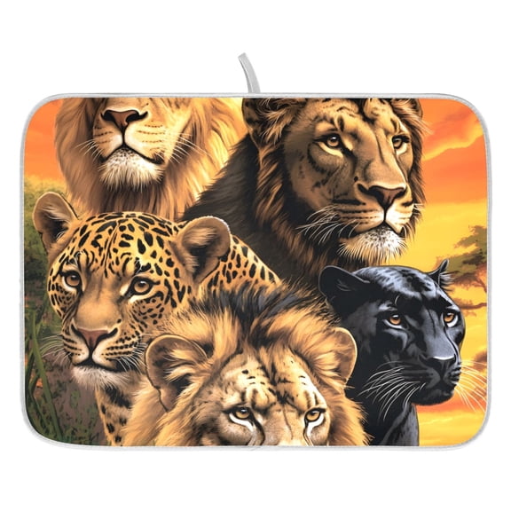 Dish Drying Mat for Kitchen Counter 16x18/18x24 Poster Depicting Five Animals Lion Absorbent Coffee Bar Mat Dish Drainer Rack Mat for Kitchen Counter
