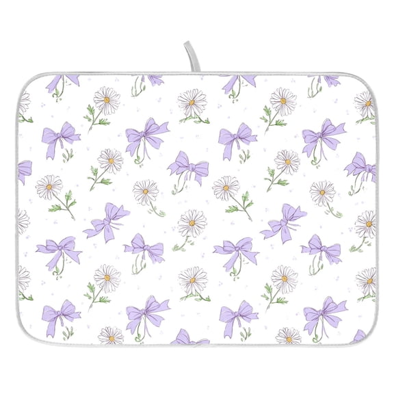 Dish Drying Mat for Kitchen Counter 16x18/18x24 Purple Bows and White Daisy Absorbent Coffee Bar Mat Dish Drainer Rack Mat for Kitchen Counter