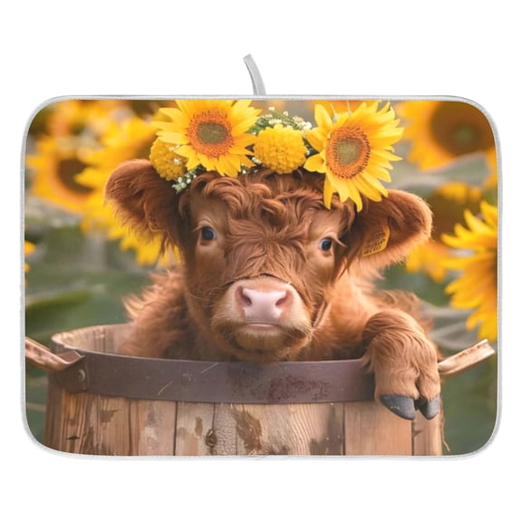 Dish Drying Mat for Kitchen Counter 16x18/18x24 Sunflower Cute Highland Cow Absorbent Coffee Bar Mat Dish Drainer Rack Mat for Kitchen Counter