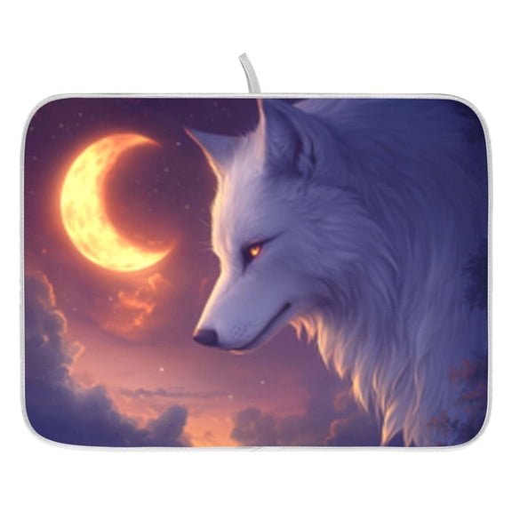Dish Drying Mat for Kitchen Counter 16x18/18x24 White Wolf with Crescent Moon Absorbent Coffee Bar Mat Dish Drainer Rack Mat for Kitchen Counter