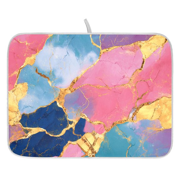 Dish Drying Mat for Kitchen Counter 16x18 Colorful Marble with Gold Veins Absorbent Coffee Bar Mat Dish Drainer Rack Mat for Kitchen Counter