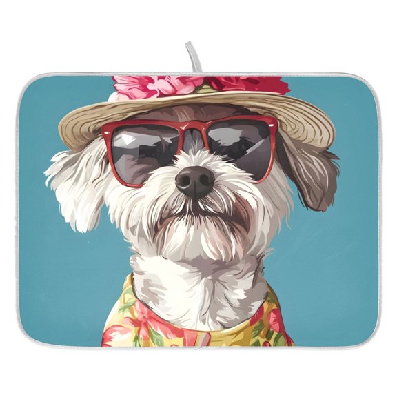 Dish Drying Mat for Kitchen Counter 16x18 Dog Wearing Flower Hat and Sunglasses Absorbent Coffee Bar Mat Dish Drainer Rack Mat for Kitchen Counter