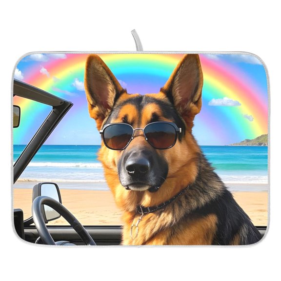 Dish Drying Mat for Kitchen Counter 16x18 German Shepherd Dog Rainbow Absorbent Coffee Bar Mat Dish Drainer Rack Mat for Kitchen Counter