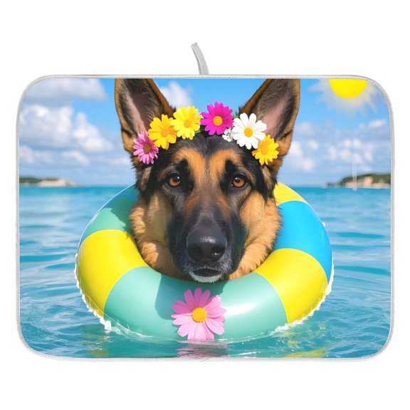 Dish Drying Mat for Kitchen Counter 16x18 German Shepherd Swimming Ring Garland Absorbent Coffee Bar Mat Dish Drainer Rack Mat for Kitchen Counter