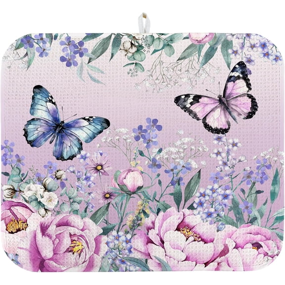 Dish Drying Mat for Kitchen Counter 16x18 Inch, Super Absorbent Dish Drainer Mat, Decorative Microfiber Dishes Drying Pad-Small(Purple Butterfly)