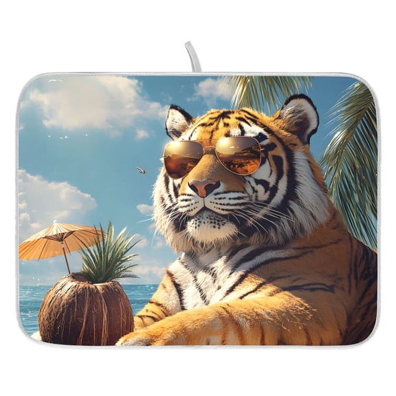 Dish Drying Mat for Kitchen Counter 16x18 Tiger Sunglasses Coconut Absorbent Coffee Bar Mat Dish Drainer Rack Mat for Kitchen Counter