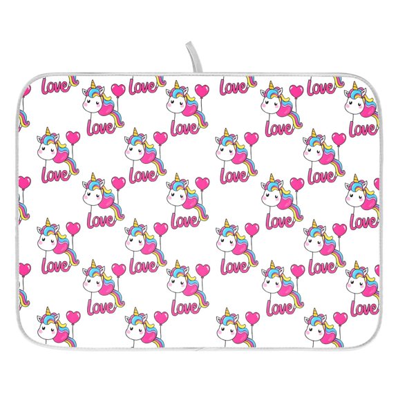 Dish Drying Mat for Kitchen Counter 16x18 Unicorn Love Balloon Absorbent Coffee Bar Mat Dish Drainer Rack Mat for Kitchen Counter