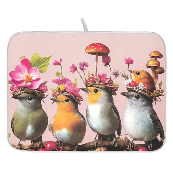 Outner F Dish Drying Mat for Kitchen Counter 18x24 Birds with Mushroom Crowns ...