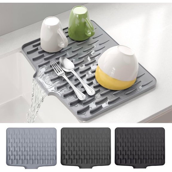 Dish Drying Mat for Kitchen Counter, Drainage Design for Vegetables Fruits, , Non-Slip , Dishwasher Safe - 15.7x13 inch Silk Gray