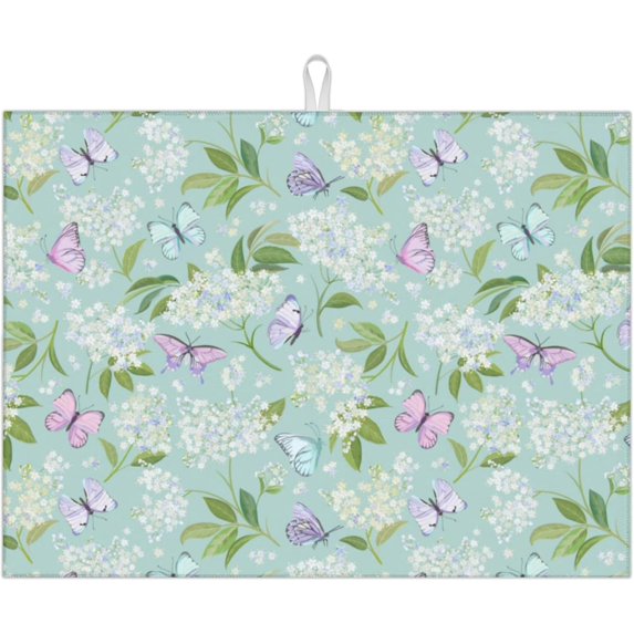 Dish Drying Mat for Kitchen Counter Microfiber Absorbent Dish Draining Reusable Washable Extra Large 18"x24" (Flower and Butterfly, 18x24in)