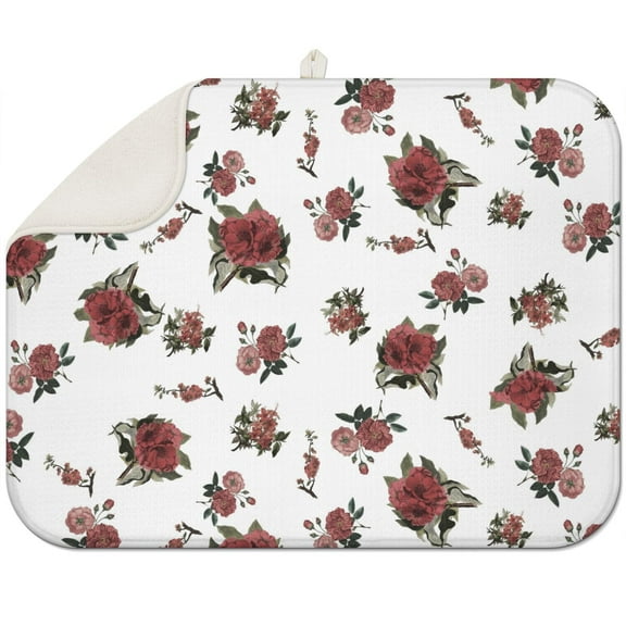 Dish Drying Mat for Kitchen Counter Red Flower on White Absorbent Reversible Microfiber Kitchen Countertop Protector Dishes Pad Large 18x24 Inch