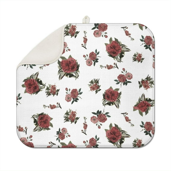 Dish Drying Mat for Kitchen Counter Red Flower on White Absorbent Reversible Microfiber Kitchen Countertop Protector Dishes Pad Small 16x18 Inch