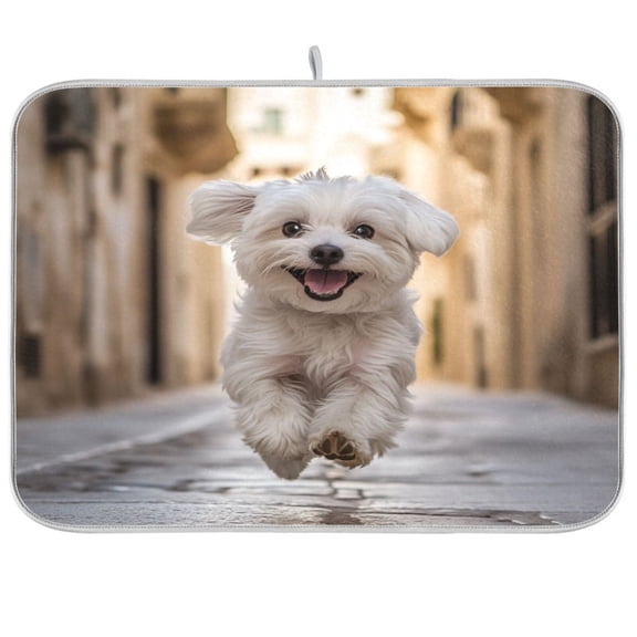 Dish Drying Mat for Kitchen Counter | Reversible, Super Absorbent & Hanging | 16x18 / 18x24 Inch (S/M)，A Happy Dog
