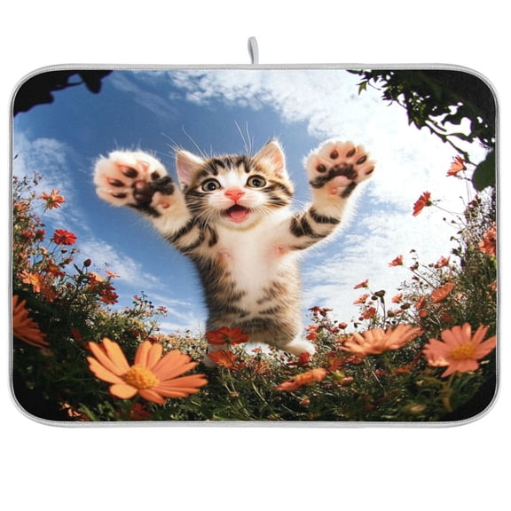 Dish Drying Mat for Kitchen Counter | Reversible, Super Absorbent & Hanging | 16x18 / 18x24 Inch (S/M),An Adorable Kitten