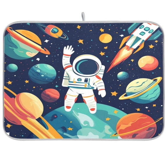 Dish Drying Mat for Kitchen Counter | Reversible, Super Absorbent & Hanging | 16x18 / 18x24 Inch (S/M)，Astronaut