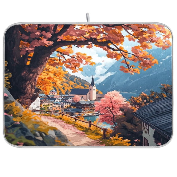 Dish Drying Mat for Kitchen Counter | Reversible, Super Absorbent & Hanging | 16x18 / 18x24 Inch (S/M)，Autumn Trees
