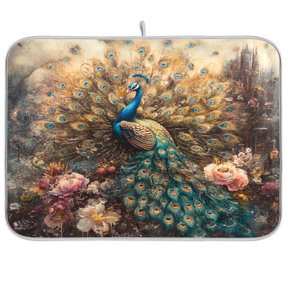 Dish Drying Mat for Kitchen Counter | Reversible, Super Absorbent & Hanging | 16x18 / 18x24 Inch (S/M),Beautiful Peacock